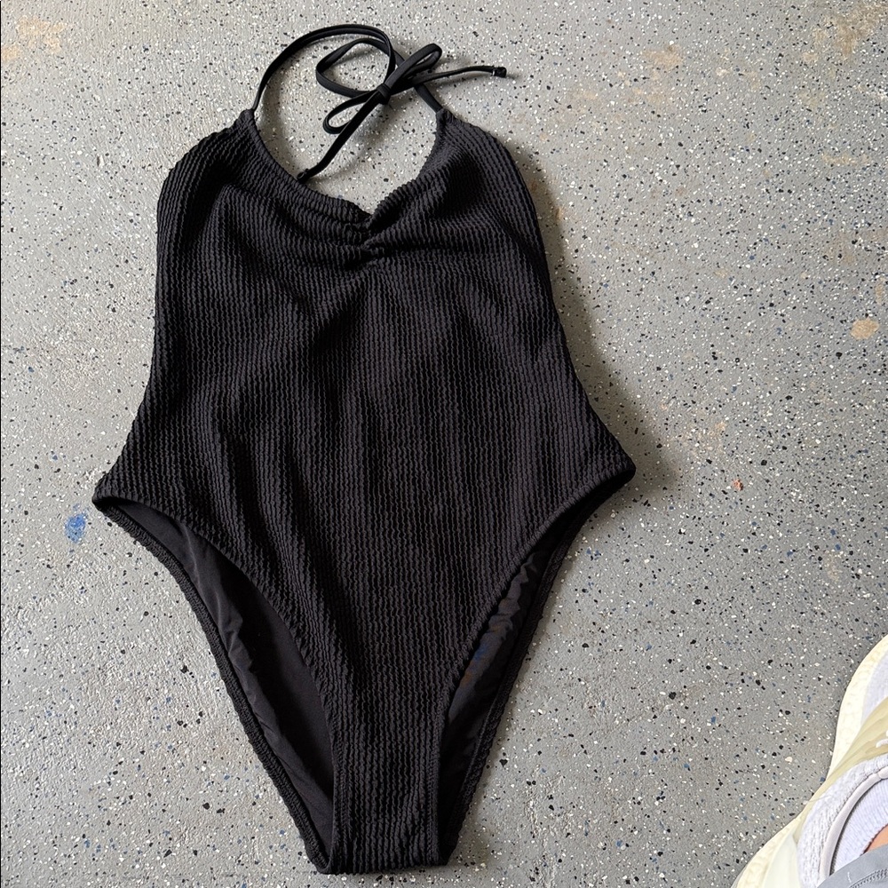 aerie Black Ribbed Halter One-Piece Swimsuit